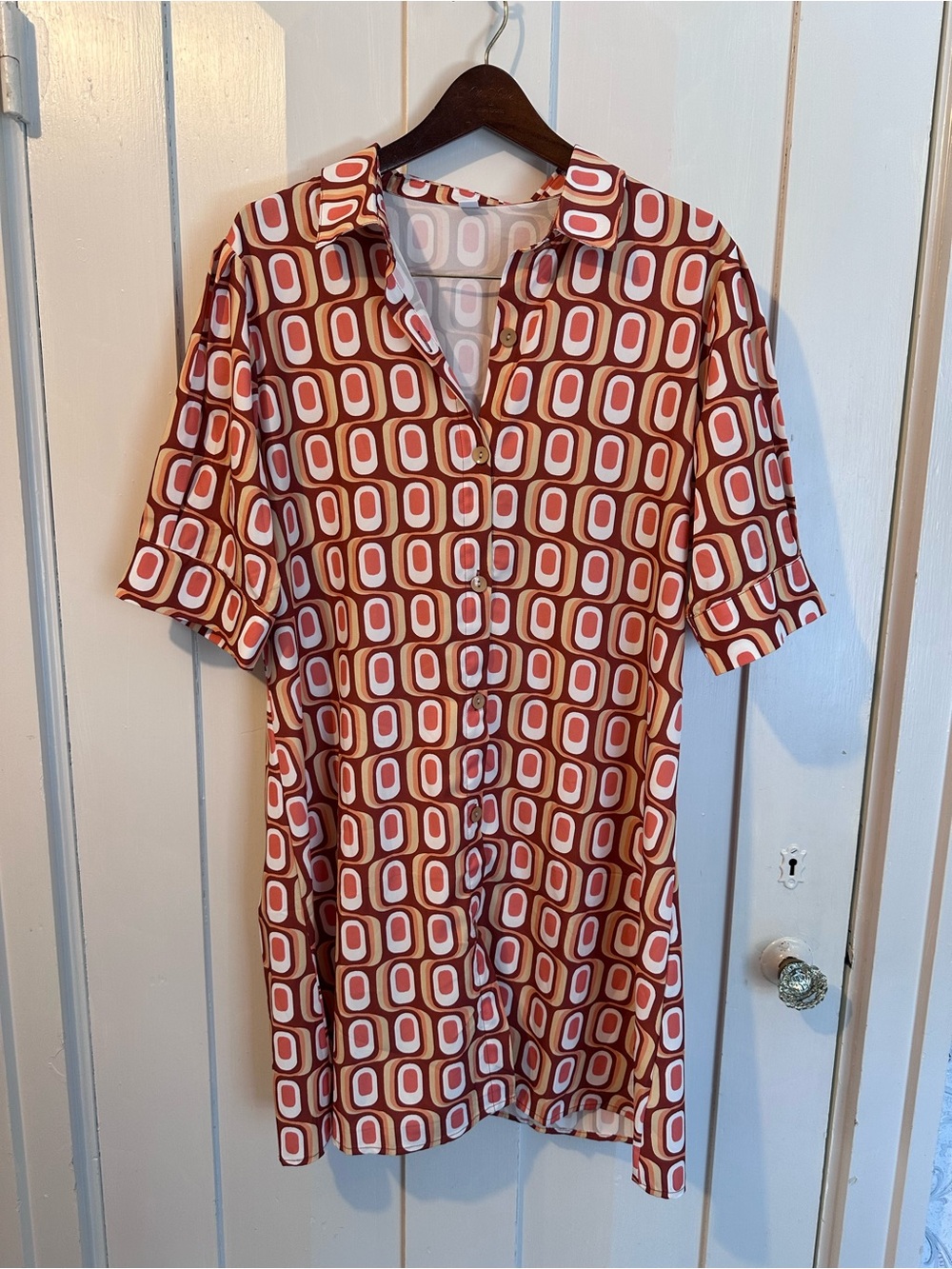 Button-Front Geometric Midi Dress in Rust and Cream